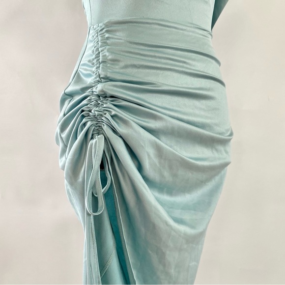 NWT Missguided Satin One Shoulder Asymmetric Ruched Side Midi Dress Blue 2 - Picture 6 of 16